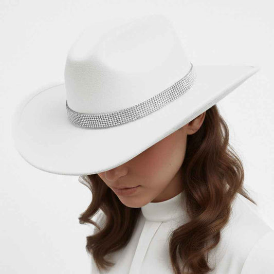 Rhinestone Studded Band White Western Cowboy Fedora Hat