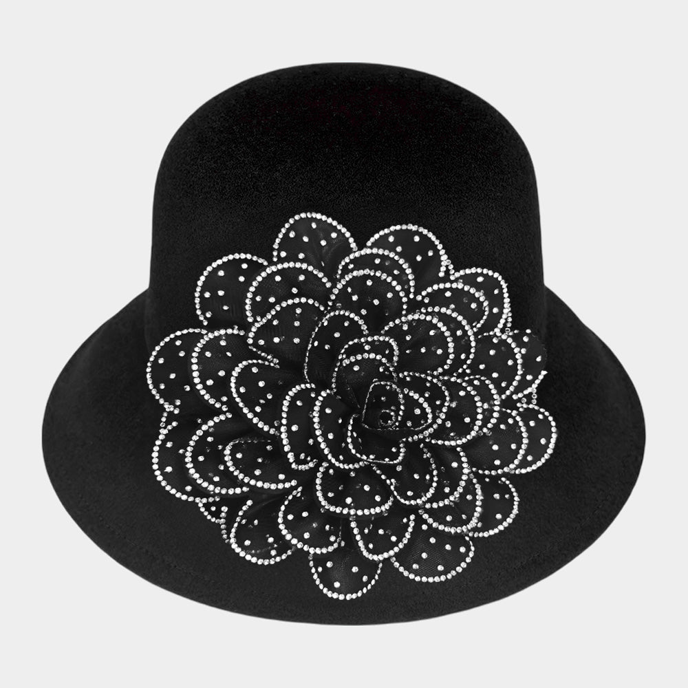 Black Bling Studded Flower Accented Felt Bucket Hat