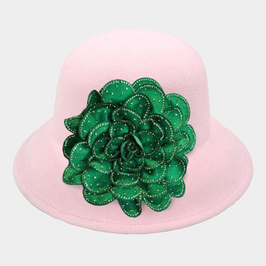 Pink & Green Bling Studded Flower Accented Felt Bucket Hat