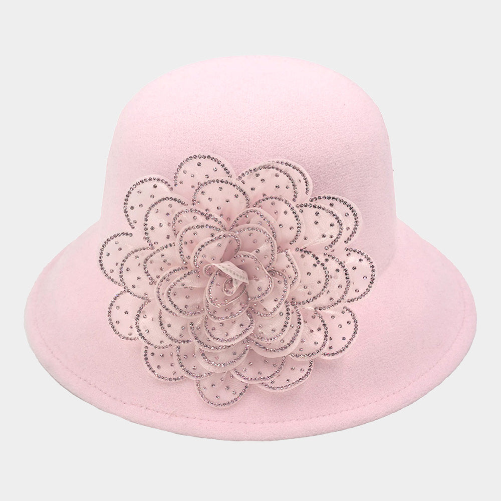 Pink  Bling Studded Flower Accented Felt Bucket Hat