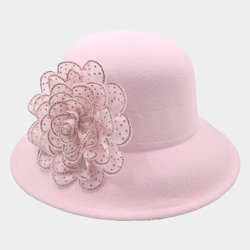 Pink  Bling Studded Flower Accented Felt Bucket Hat