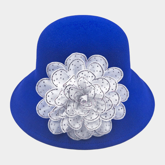 Blue & White Bling Studded Flower Accented Felt Bucket Hat