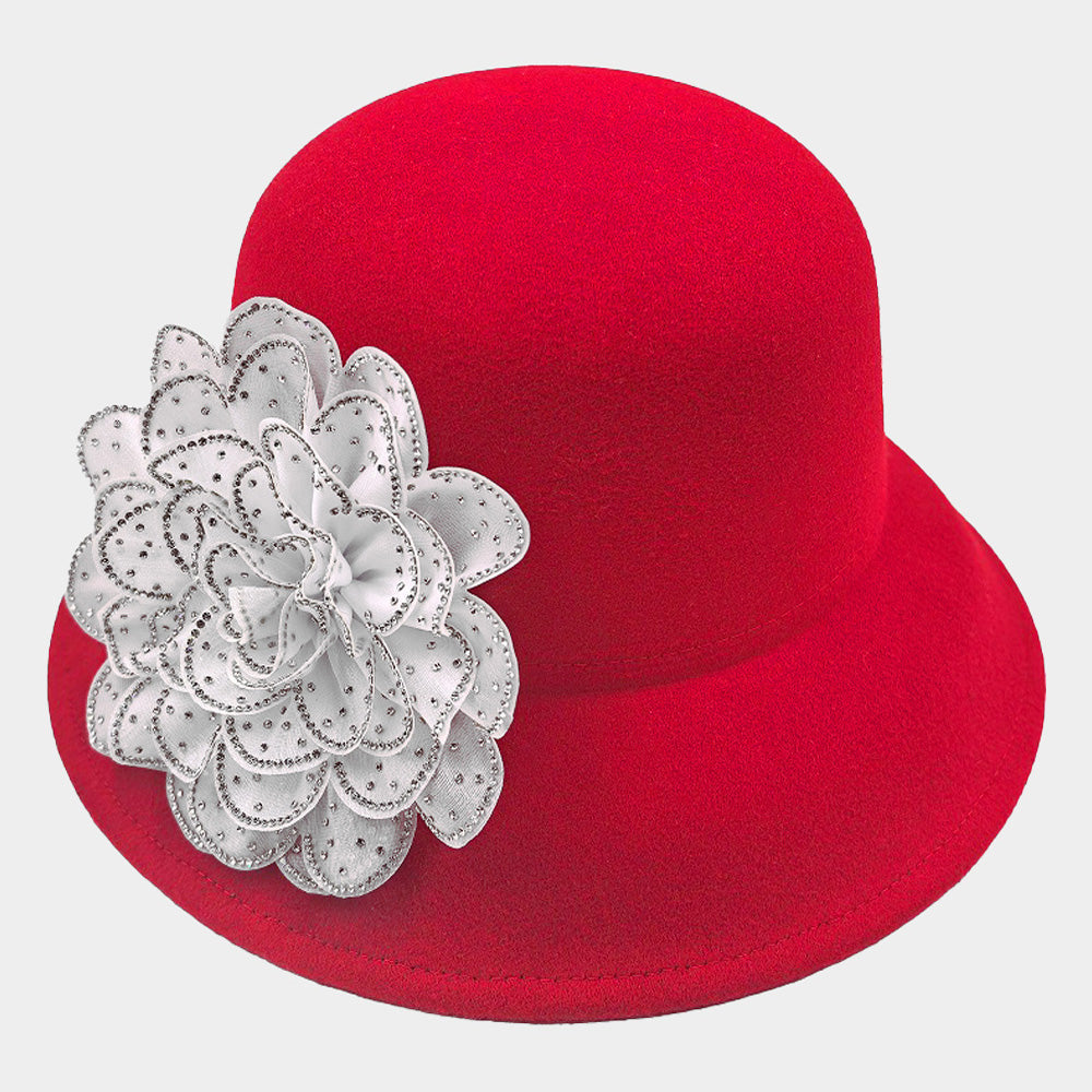 Red & White Bling Studded Flower Accented Felt Bucket Hat