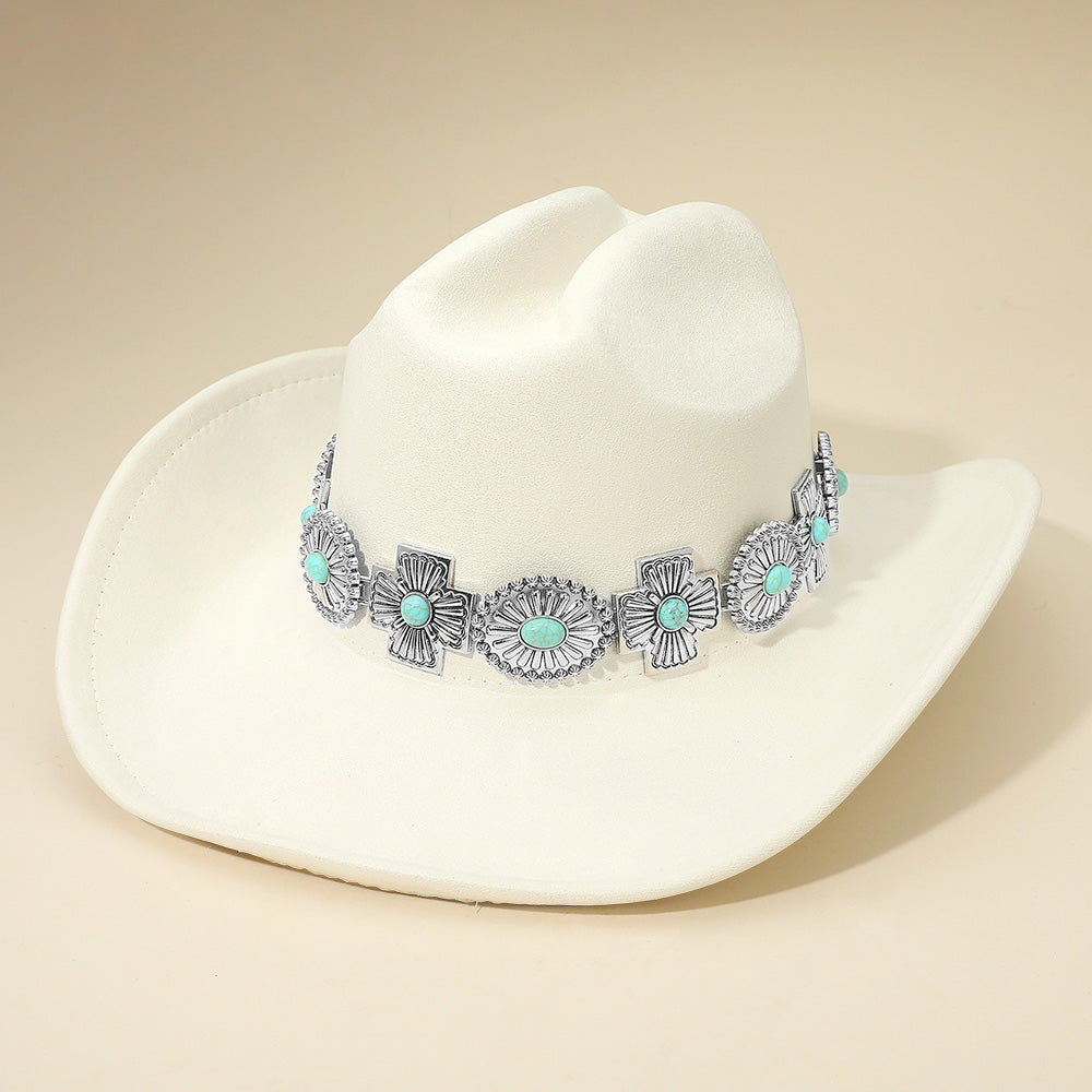 Beige Western Concho Band Cowboy Fedora Hat