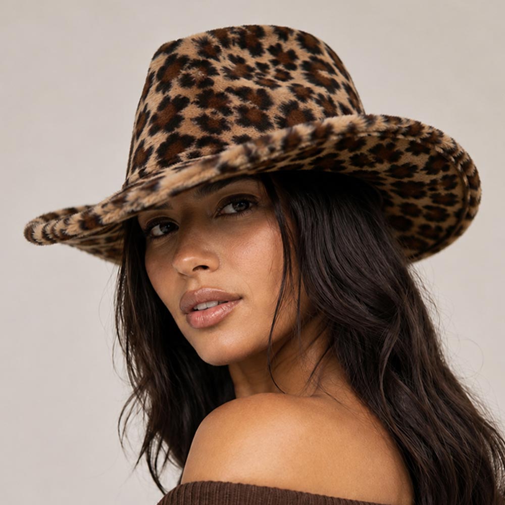 Dark Brown Fuzzy Faux Fur Leopard Pattern Cowboy Fedora Hat M H W ACCESSORIES LLC Dark Brown Fuzzy Faux Fur Leopard Pattern Cowboy Fedora Hat