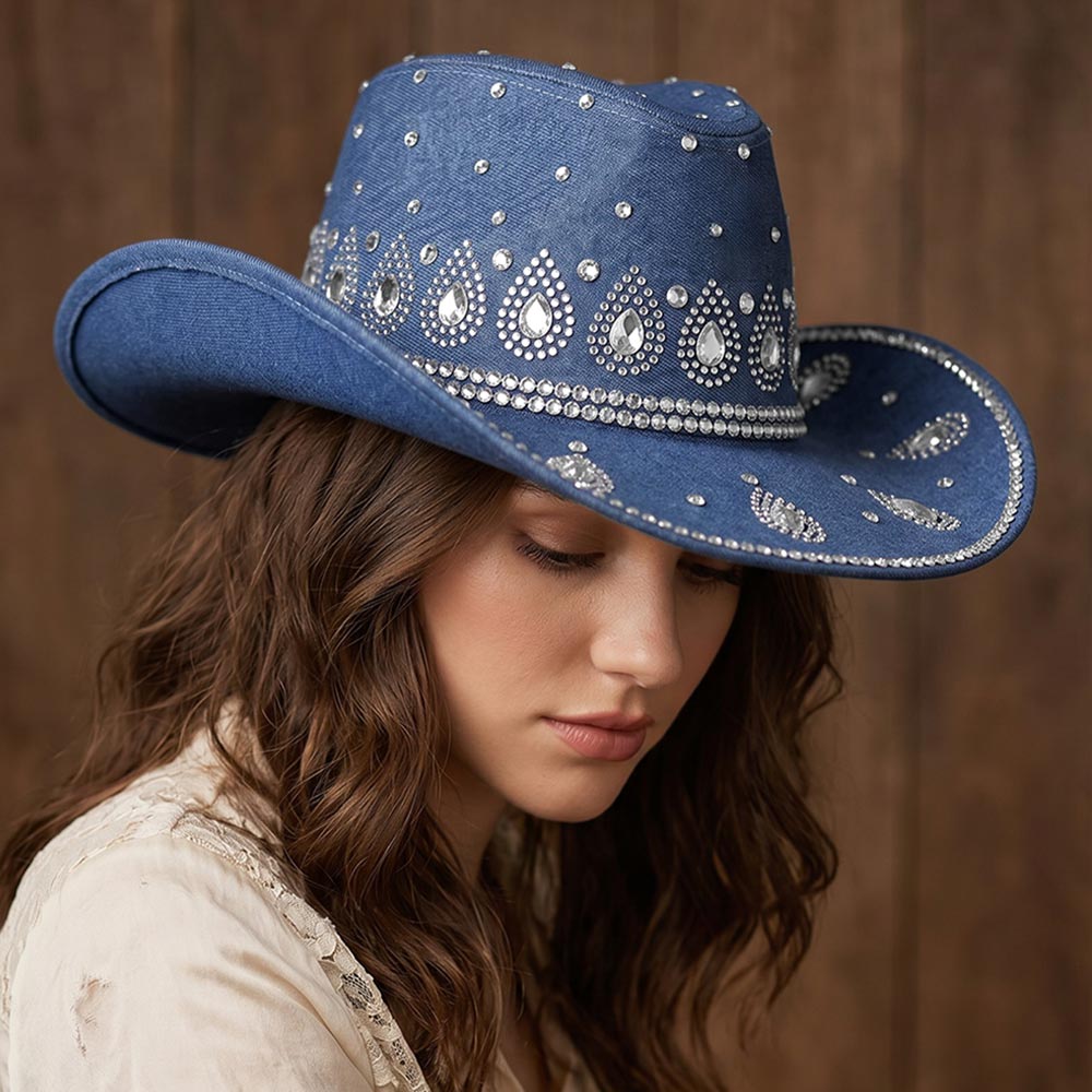 Bling Denim Decorative Flower Rhinestone Embellished Western Cowboy Hat M H W ACCESSORIES LLC Bling Denim Decorative Flower Rhinestone Embellished Western Cowboy Hat