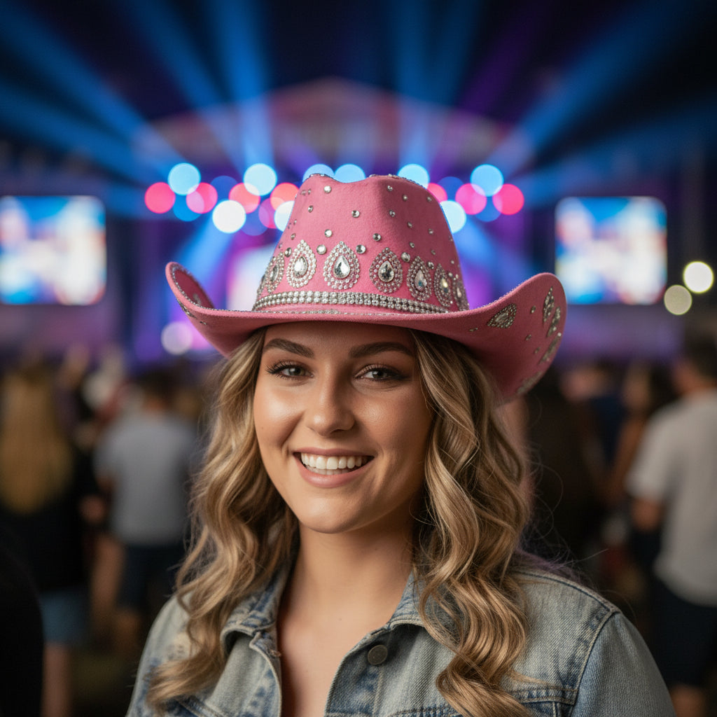 Bling Pink Decorative Flower Rhinestone Embellished Western Cowboy Hat M H W ACCESSORIES LLC Bling Pink Decorative Flower Rhinestone Embellished Western Cowboy Hat