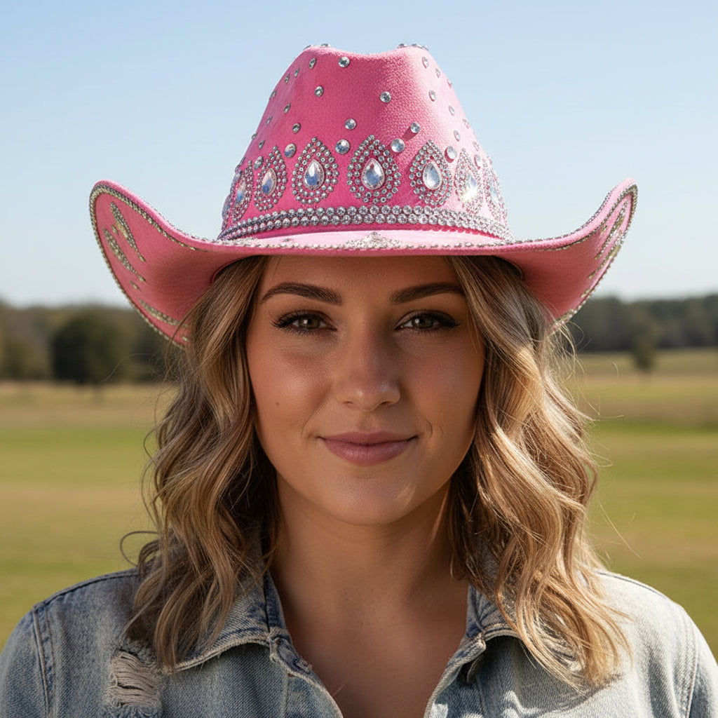 Bling Pink Decorative Flower Rhinestone Embellished Western Cowboy Hat M H W ACCESSORIES LLC Bling Pink Decorative Flower Rhinestone Embellished Western Cowboy Hat