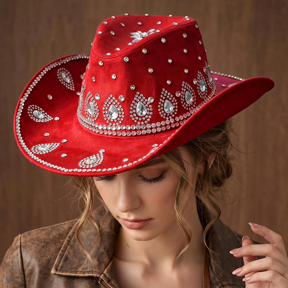 Red Bling Decorative Flower  Rhinestone Embellished Cowboy Hat for Women M H W ACCESSORIES LLC Red Bling Decorative Flower  Rhinestone Embellished Cowboy Hat for Women