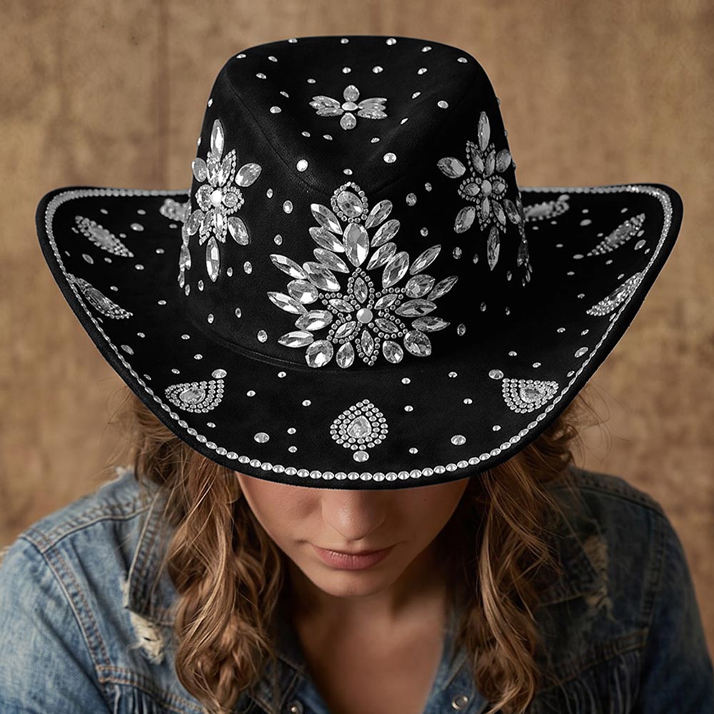 Black Bold Decorative Floral Bling Clear Rhinestone Embellished Western Cowboy Hat M H W ACCESSORIES LLC Black Bold Decorative Floral Bling Clear Rhinestone Embellished Western Cowboy Hat