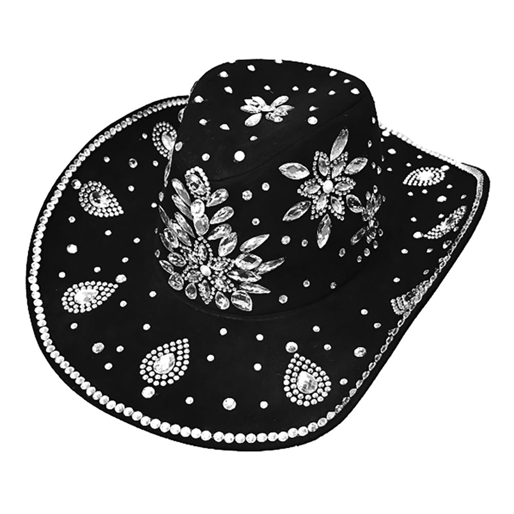Black Bold Decorative Floral Bling Clear Rhinestone Embellished Western Cowboy Hat M H W ACCESSORIES LLC Black Bold Decorative Floral Bling Clear Rhinestone Embellished Western Cowboy Hat