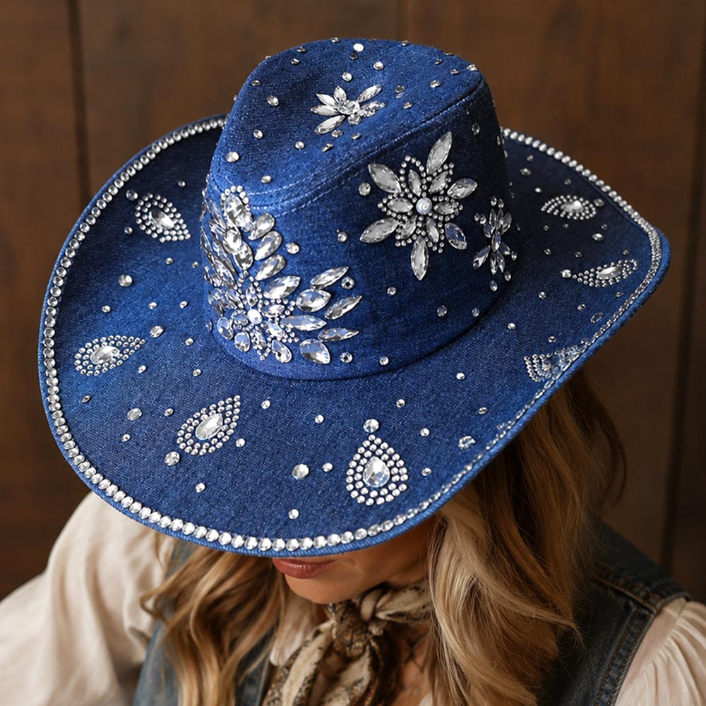 Bold Decorative Flower Denim Bling Rhinestone Embellished Western Cowboy Hat M H W ACCESSORIES LLC Bold Decorative Flower Denim Bling Rhinestone Embellished Western Cowboy Hat