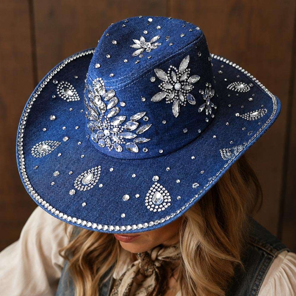 Bold Decorative Flower Denim Bling Rhinestone Embellished Western Cowboy Hat M H W ACCESSORIES LLC Bold Decorative Flower Denim Bling Rhinestone Embellished Western Cowboy Hat