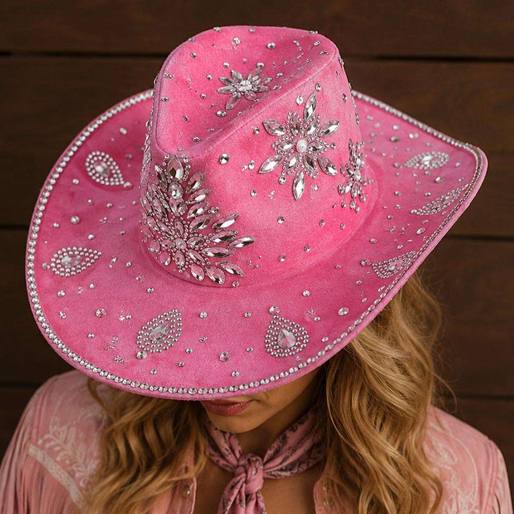 Bold Decorative Flower Pink Bling Rhinestone Embellished Western Cowboy Hat M H W ACCESSORIES LLC Bold Decorative Flower Pink Bling Rhinestone Embellished Western Cowboy Hat