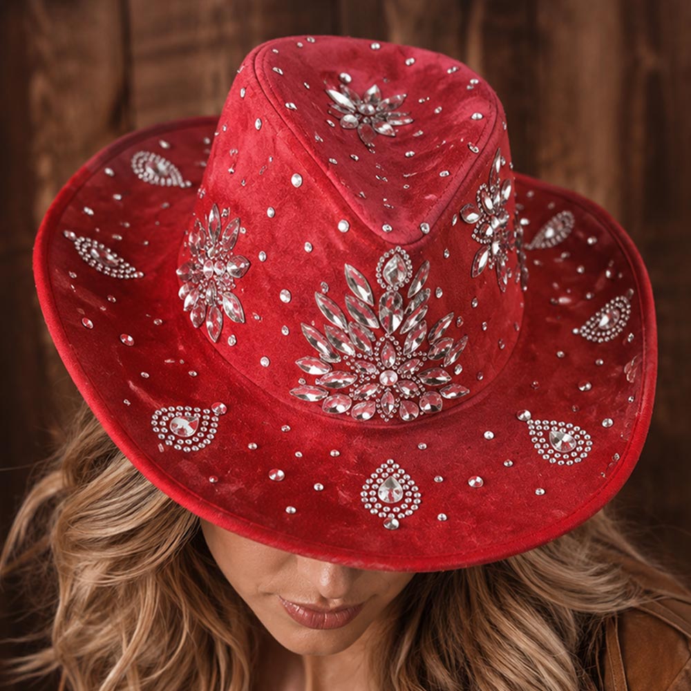 Bold Decorative Flower Red Bling Rhinestone Embellished Western Cowboy Hat M H W ACCESSORIES LLC Bold Decorative Flower Red Bling Rhinestone Embellished Western Cowboy Hat
