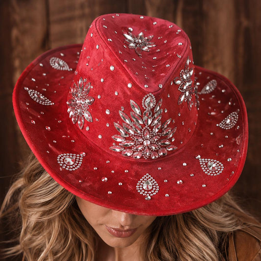 Bold Decorative Flower Red Bling Rhinestone Embellished Western Cowboy Hat M H W ACCESSORIES LLC Bold Decorative Flower Red Bling Rhinestone Embellished Western Cowboy Hat