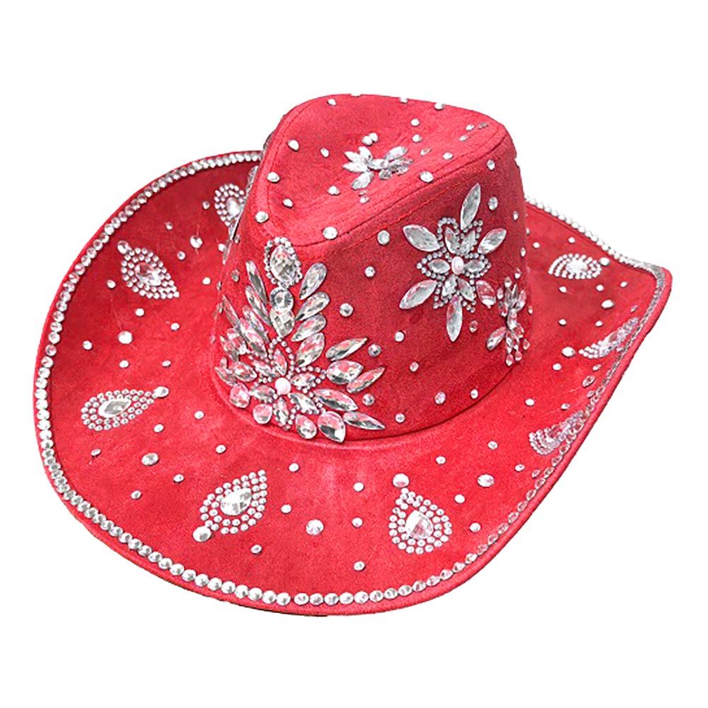 Bold Decorative Flower Red Bling Rhinestone Embellished Western Cowboy Hat M H W ACCESSORIES LLC Bold Decorative Flower Red Bling Rhinestone Embellished Western Cowboy Hat