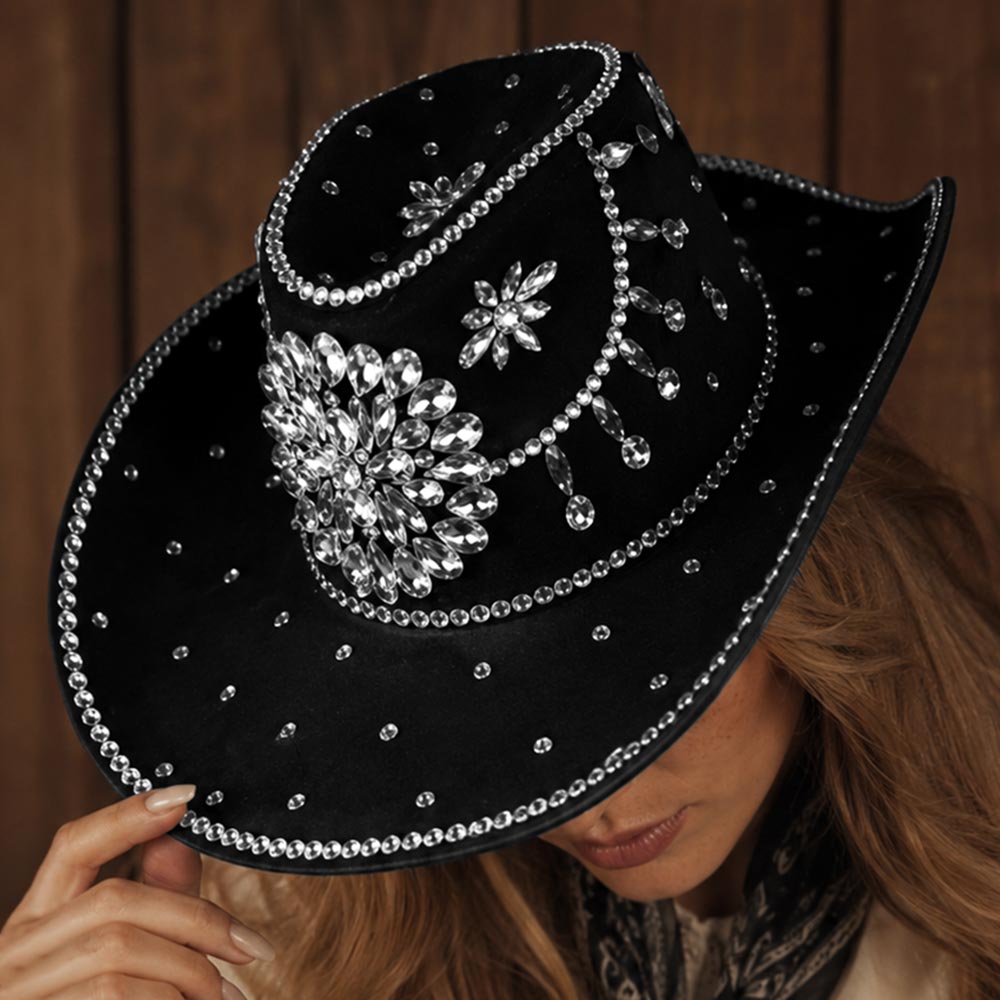Black Bold Decorative Floral Bling Clear Rhinestone Embellished Western Cowboy Hat M H W ACCESSORIES LLC Black Bold Decorative Floral Bling Clear Rhinestone Embellished Western Cowboy Hat