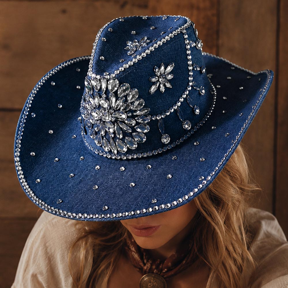 Denim Bold Decorative Floral Bling Clear Rhinestone Embellished Western Cowboy Hat M H W ACCESSORIES LLC Denim Bold Decorative Floral Bling Clear Rhinestone Embellished Western Cowboy Hat