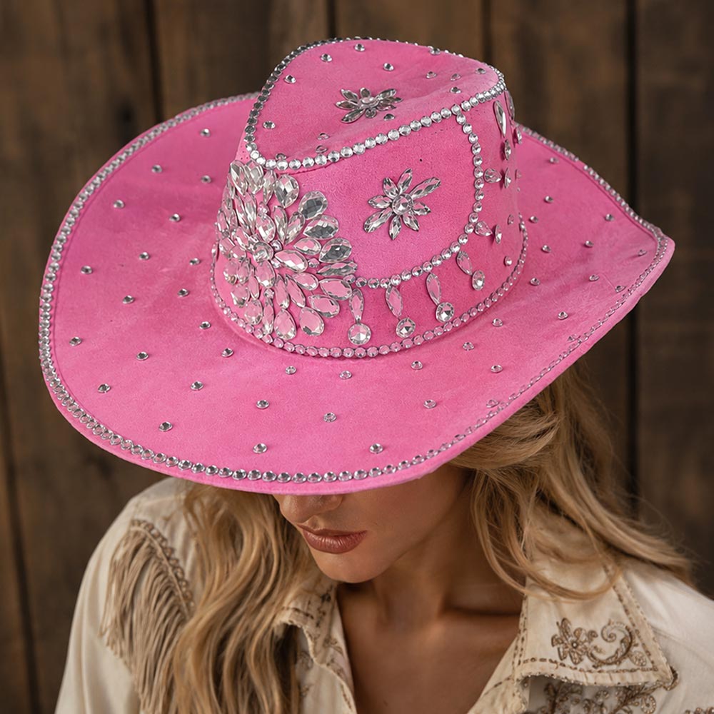 Pink Bold Decorative Floral Bling Clear Rhinestone Embellished Western Cowboy Hat M H W ACCESSORIES LLC Pink Bold Decorative Floral Bling Clear Rhinestone Embellished Western Cowboy Hat
