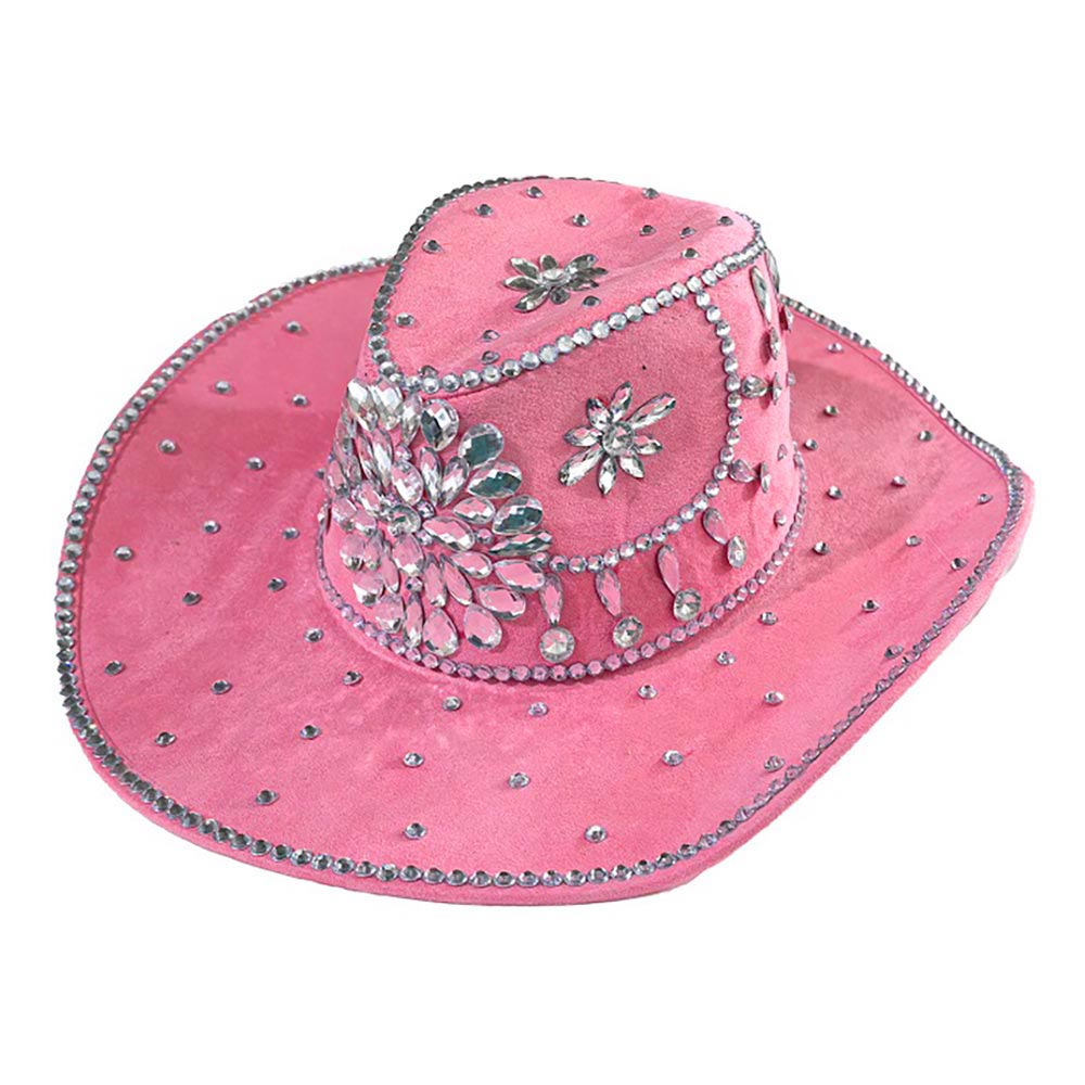 Pink Bold Decorative Floral Bling Clear Rhinestone Embellished Western Cowboy Hat M H W ACCESSORIES LLC Pink Bold Decorative Floral Bling Clear Rhinestone Embellished Western Cowboy Hat