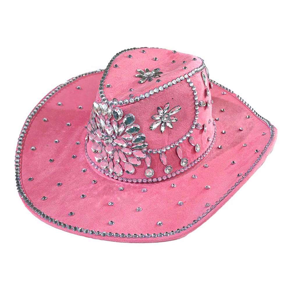 Pink Bold Decorative Floral Bling Clear Rhinestone Embellished Western Cowboy Hat M H W ACCESSORIES LLC Pink Bold Decorative Floral Bling Clear Rhinestone Embellished Western Cowboy Hat