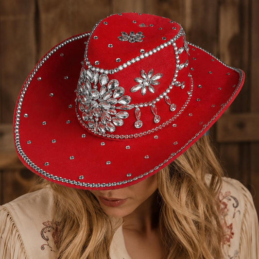 Red Bold Decorative Floral Bling Clear Rhinestone Embellished Western Cowboy Hat M H W ACCESSORIES LLC Red Bold Decorative Floral Bling Clear Rhinestone Embellished Western Cowboy Hat