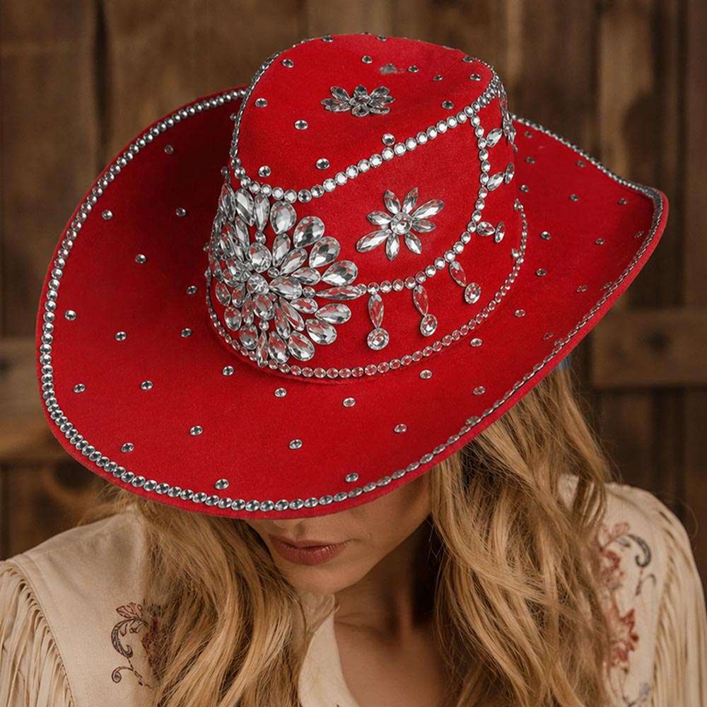 Red Bold Decorative Floral Bling Clear Rhinestone Embellished Western Cowboy Hat M H W ACCESSORIES LLC Red Bold Decorative Floral Bling Clear Rhinestone Embellished Western Cowboy Hat