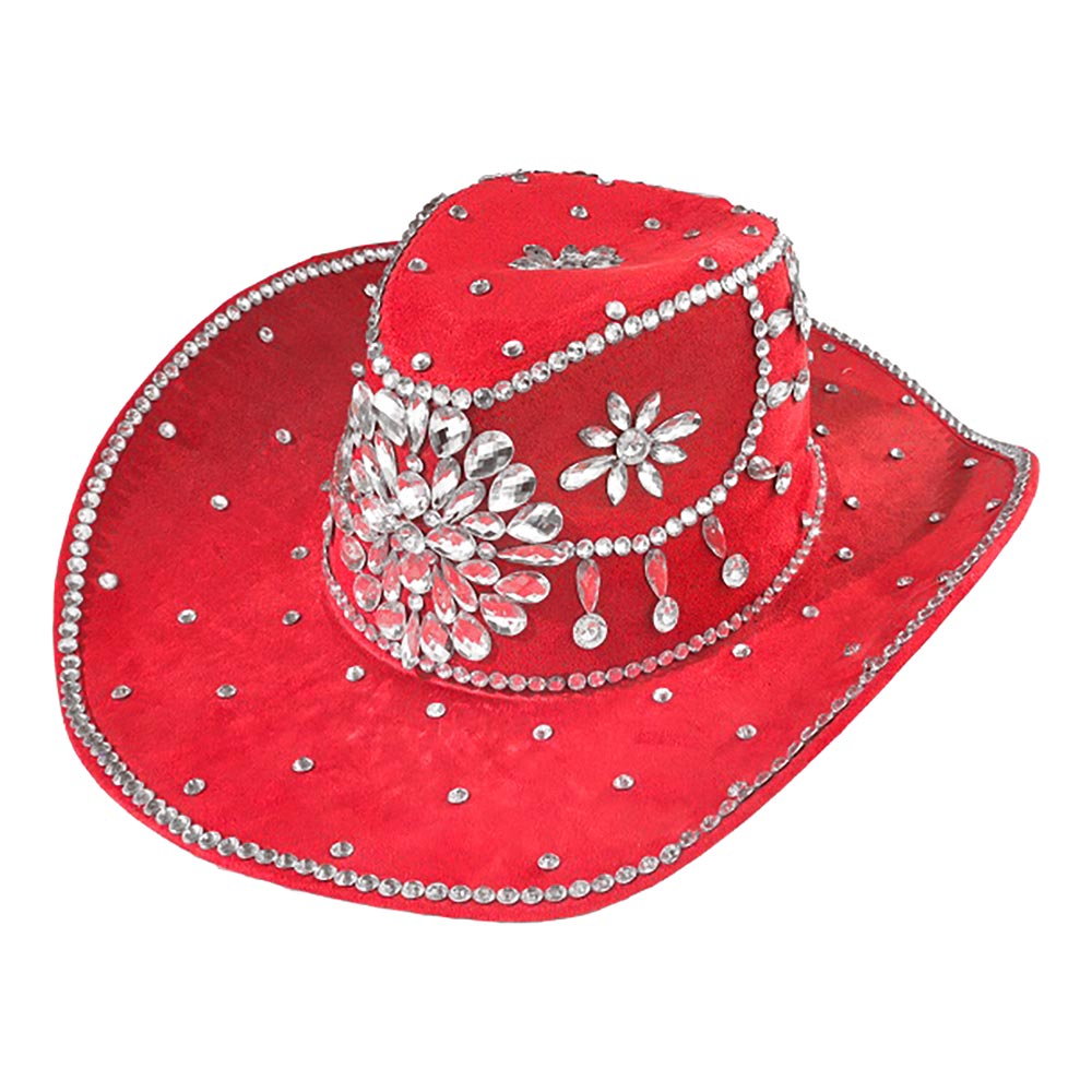 Red Bold Decorative Floral Bling Clear Rhinestone Embellished Western Cowboy Hat M H W ACCESSORIES LLC Red Bold Decorative Floral Bling Clear Rhinestone Embellished Western Cowboy Hat