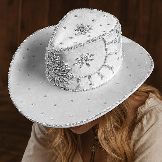 White  Bold Decorative Floral Bling Clear Rhinestone Embellished Western Cowboy Hat M H W ACCESSORIES LLC White  Bold Decorative Floral Bling Clear Rhinestone Embellished Western Cowboy Hat