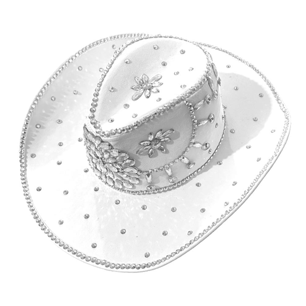 White  Bold Decorative Floral Bling Clear Rhinestone Embellished Western Cowboy Hat M H W ACCESSORIES LLC White  Bold Decorative Floral Bling Clear Rhinestone Embellished Western Cowboy Hat