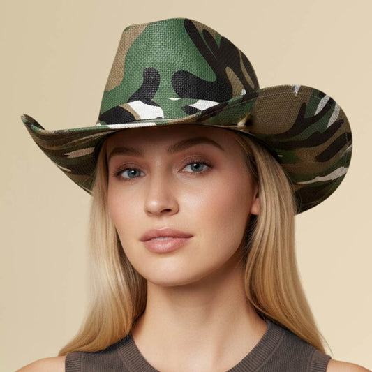 Green Camouflage Print Woven Western Cowboy Hat