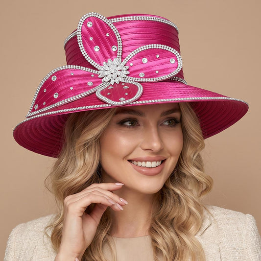 Elegant Rhinestone Trim  Fuchsia Floral Bow Accent Wide Brim Statement Dressy Hat M H W ACCESSORIES LLC Elegant Rhinestone Trim  Fuchsia Floral Bow Accent Wide Brim Statement Dressy Hat