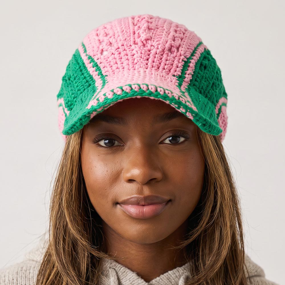 Pink & Green Crochet Openwork Baseball Cap M H W ACCESSORIES LLC Pink & Green Crochet Openwork Baseball Cap