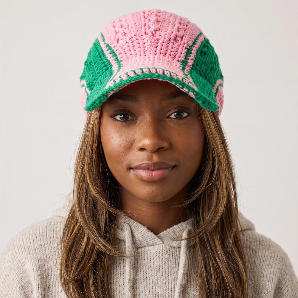 Pink & Green Crochet Openwork Baseball Cap M H W ACCESSORIES LLC Pink & Green Crochet Openwork Baseball Cap