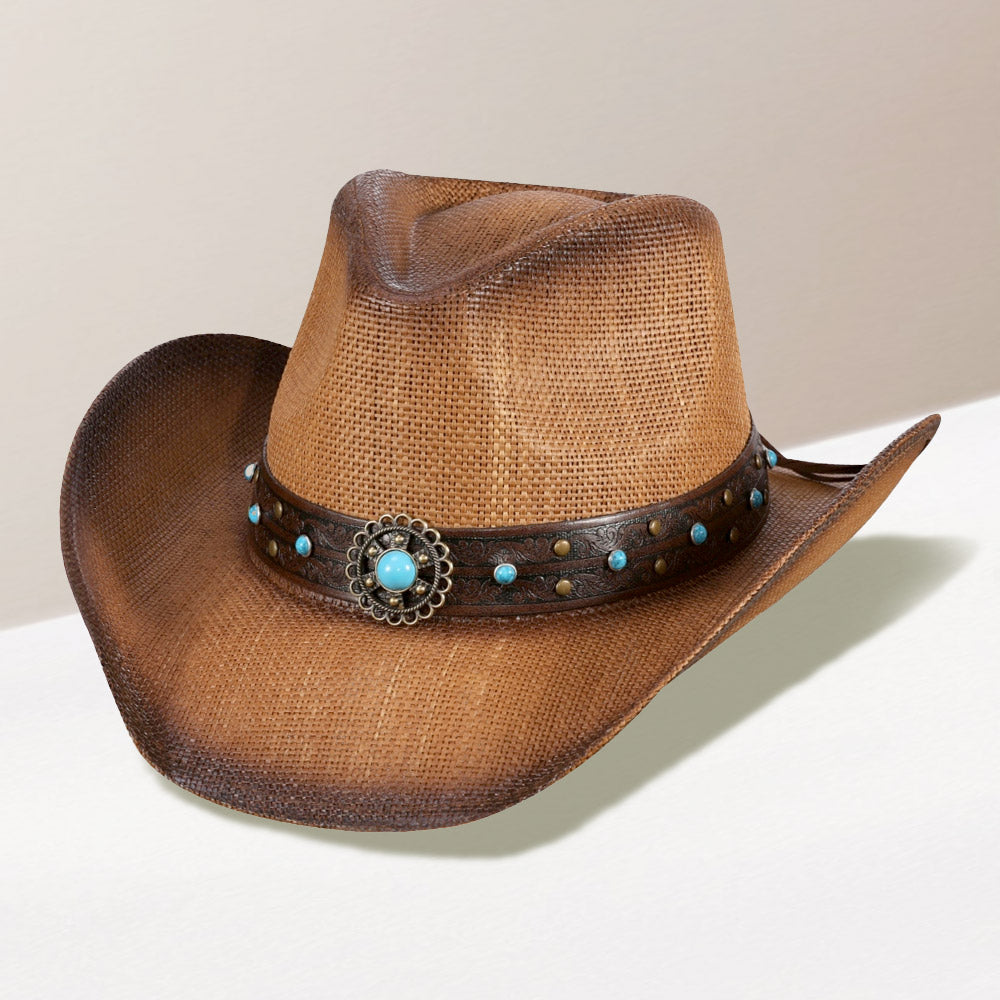 Brown Turquoise Stone Western Flower Faux Leather Straw Cowboy Hat - M H W ACCESSORIES LLC