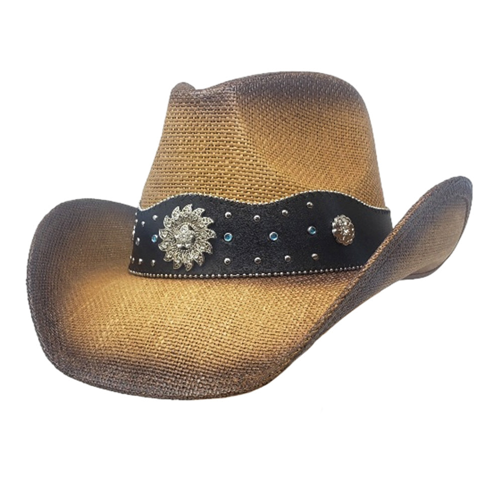 Brown Vintage Metal Western Flower Pointed Genuine Leather Straw Cowboy Hat - M H W ACCESSORIES LLC