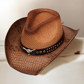 Embellished Metal Steer Head Studded Neutral Western Straw Cowboy Fedora Hat