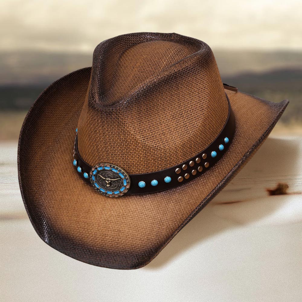 Turquoise Stone Embellished Metal Steer Head Studded Faux Leather Band Western Straw Cowboy Fedora Hat