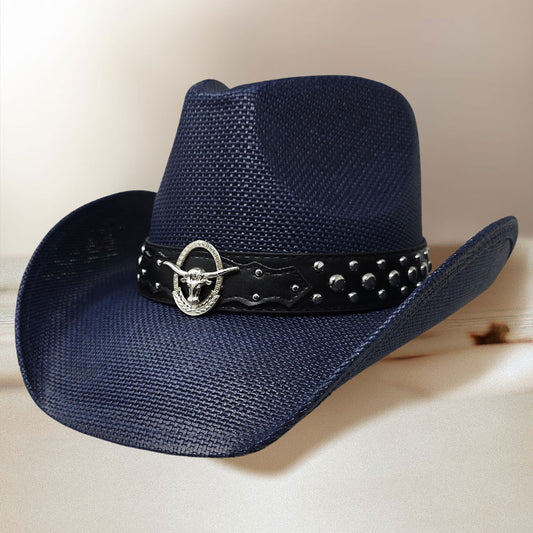 Embellished Metal Steer Head Studded Blue Western Straw Cowboy Fedora Hat