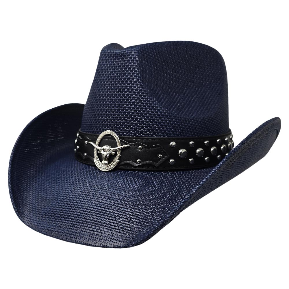 Embellished Metal Steer Head Studded Blue Western Straw Cowboy Fedora Hat