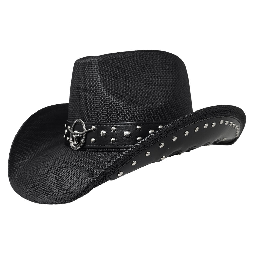 Embellished Metal Steer Head Studded Black Western Straw Cowboy Fedora Hat