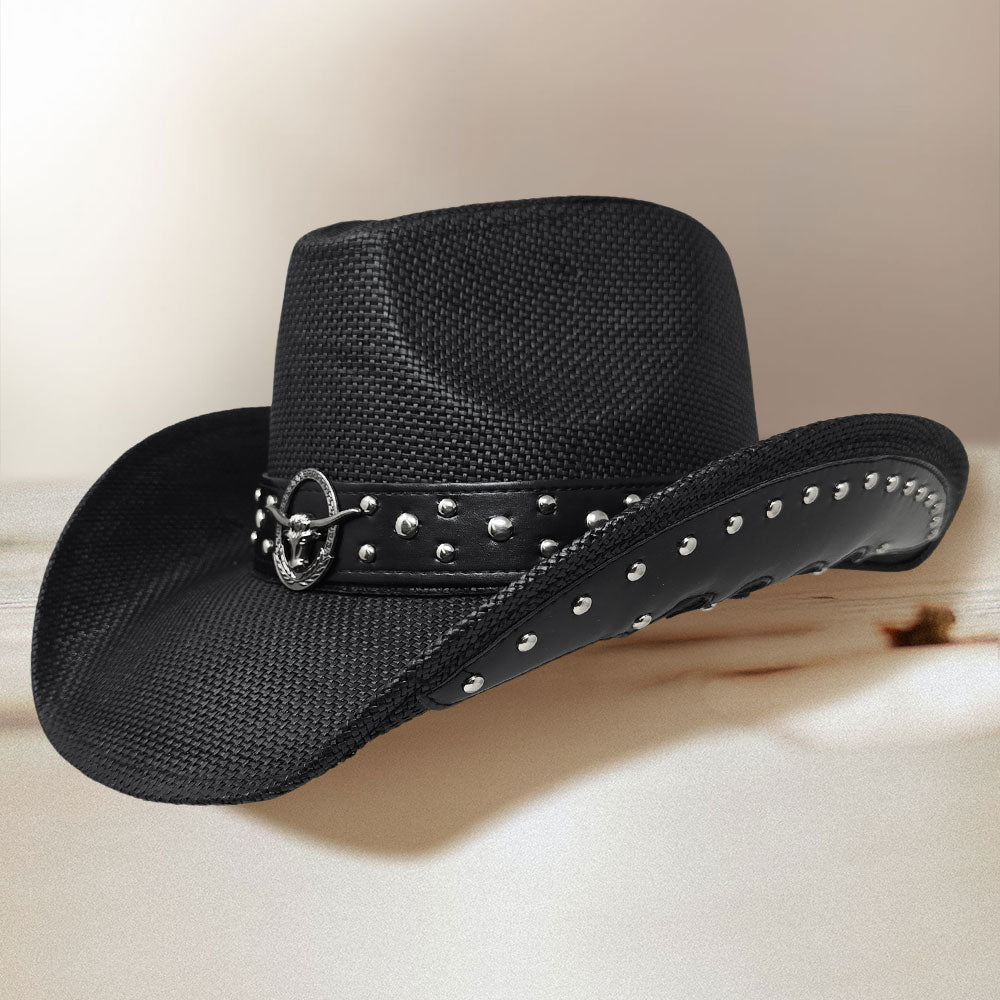 Embellished Metal Steer Head Studded Black Western Straw Cowboy Fedora Hat