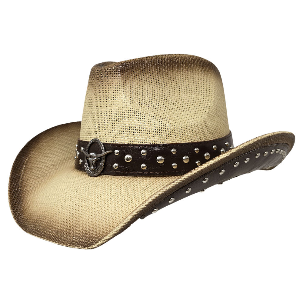 Embellished Metal Steer Head Studded Neutral Western Straw Cowboy Fedora Hat