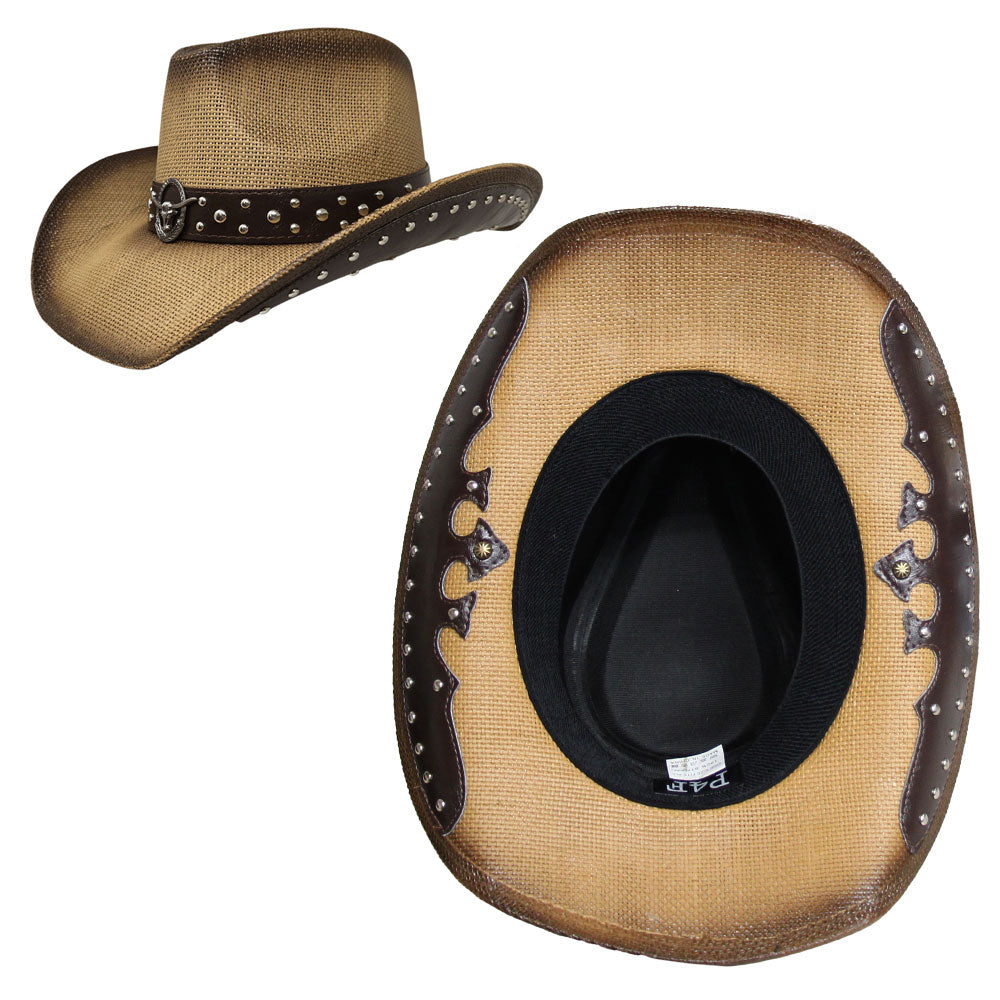 Embellished Metal Steer Head Studded Neutral Western Straw Cowboy Fedora Hat