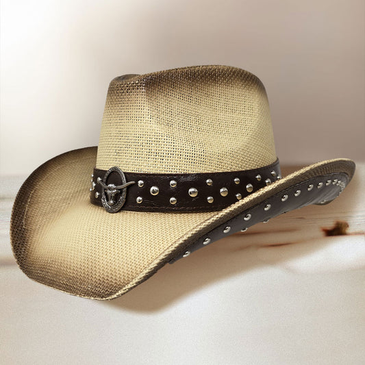 Embellished Metal Steer Head Studded Neutral Western Straw Cowboy Fedora Hat