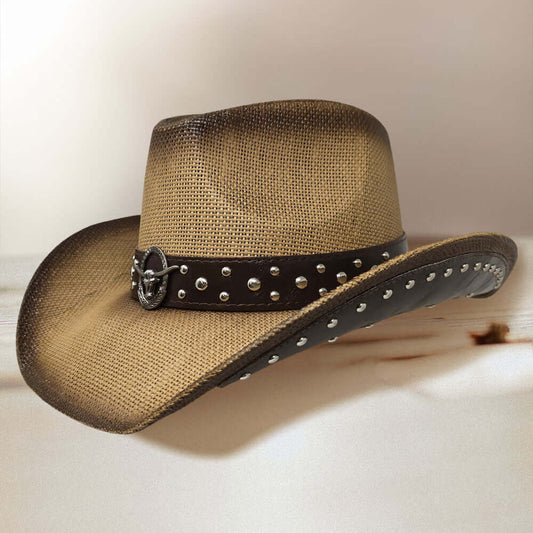 Embellished Metal Steer Head Studded Tan Western Straw Cowboy Fedora Hat