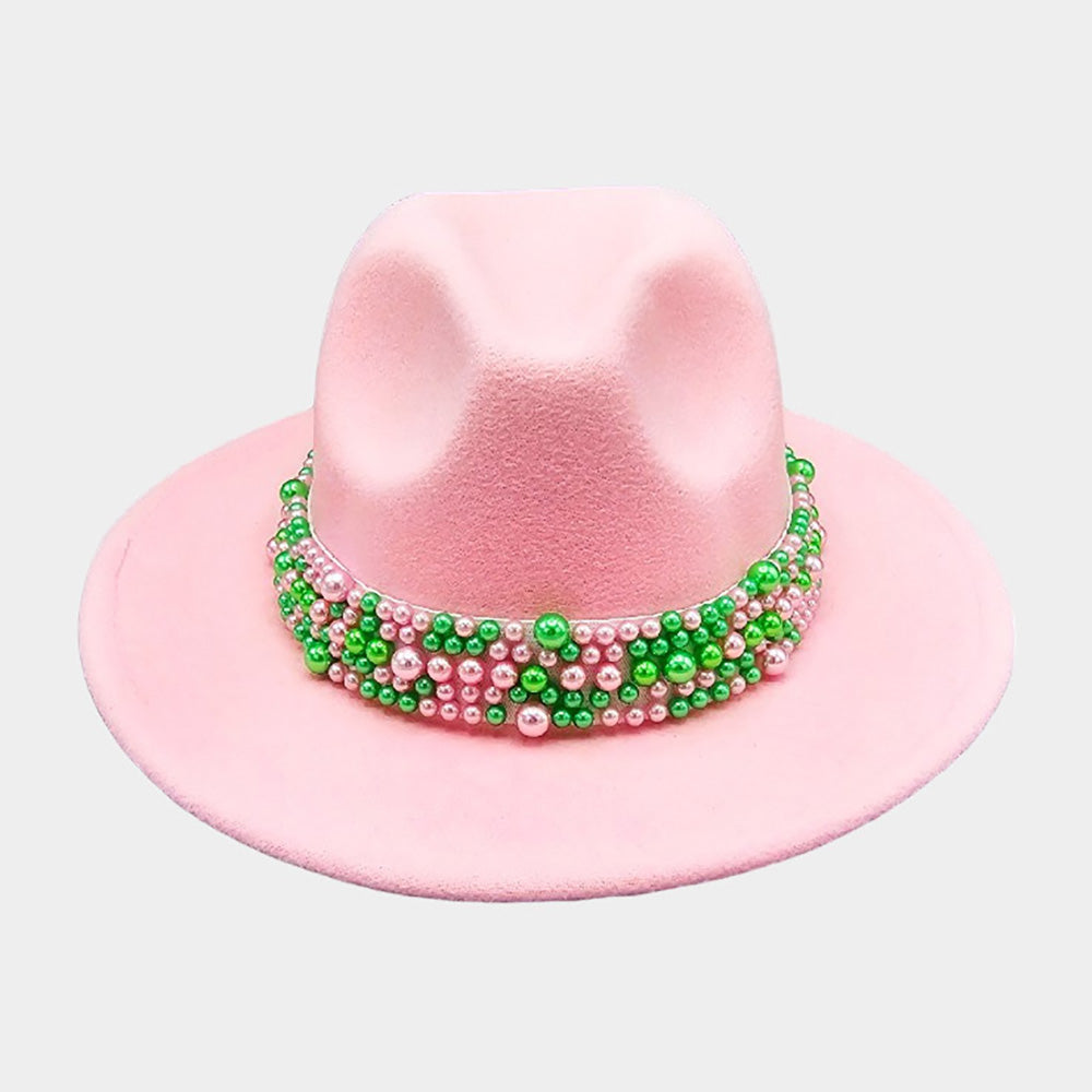Pink and Green Pearl Embellished Band Pointed Fedora Hat - M H W ACCESSORIES LLC