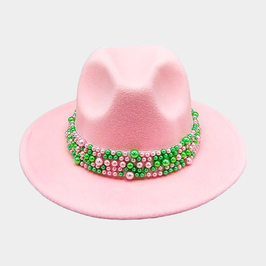 Pink and Green Pearl Embellished Band Pointed Fedora Hat - M H W ACCESSORIES LLC