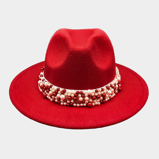 Red Pearl Embellished Band Pointed Fedora Hat - M H W ACCESSORIES LLC